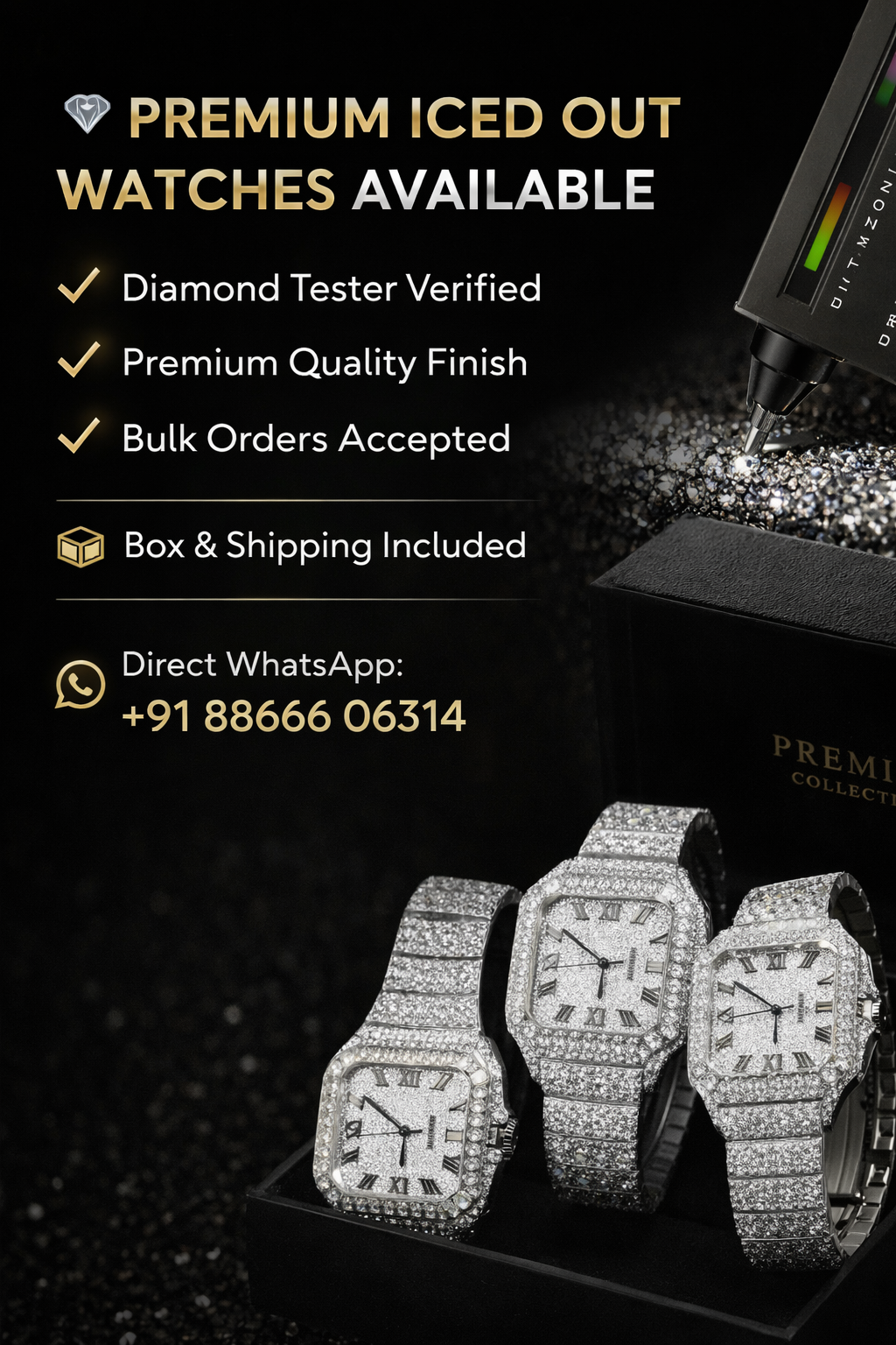 premium iced out watch with diamond tester verification and luxury moissanite finish on black background