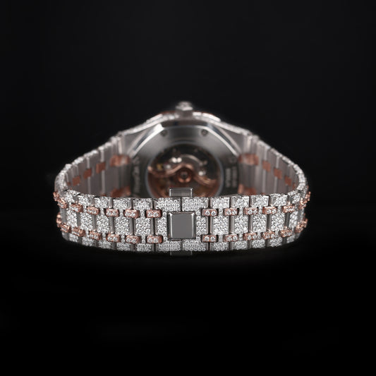 mens hip hop style iced out watch with rose tone bezel and strong shine finish