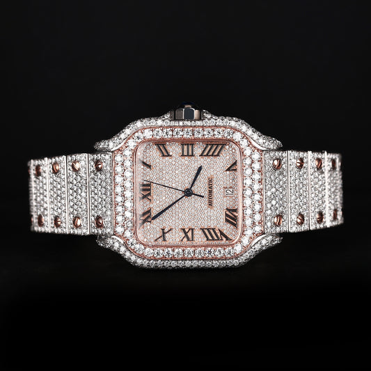 luxury iced out watch with square face and full stone setting white rose finish