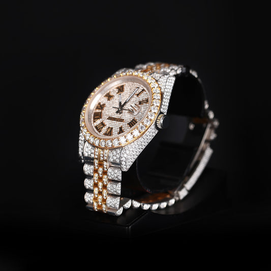 premium moissanite watch with round face and white yellow iced out design