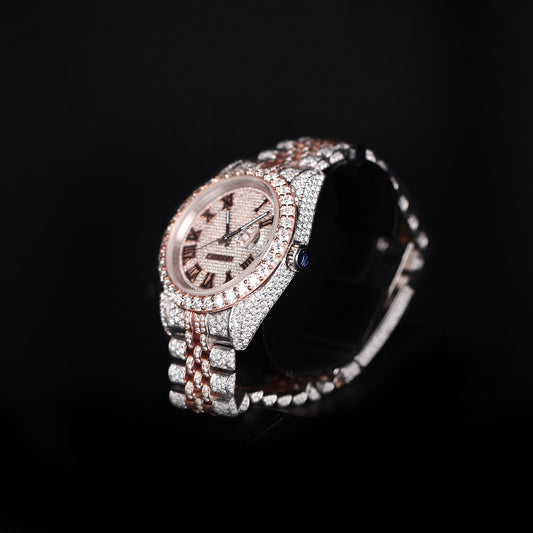 premium moissanite watch with round face and white rose iced out design