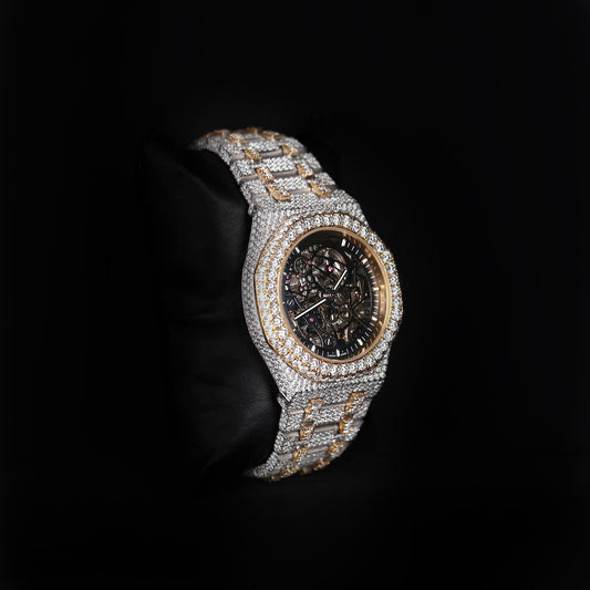 luxury moissanite watch with visible gears and iced bracelet design