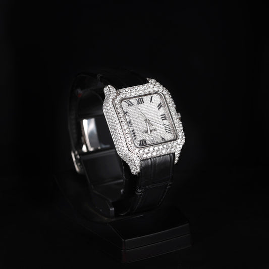 luxury moissanite watch with black strap and diamond style stones
