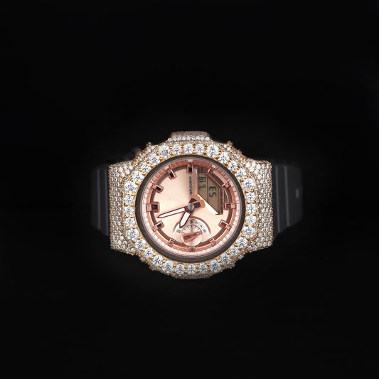 luxury moissanite watch with rose dial and black rubber strap