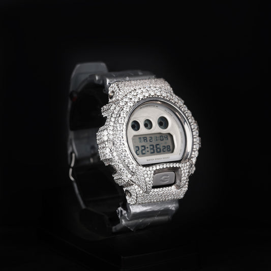 luxury moissanite digital watch with silver tone and rubber strap