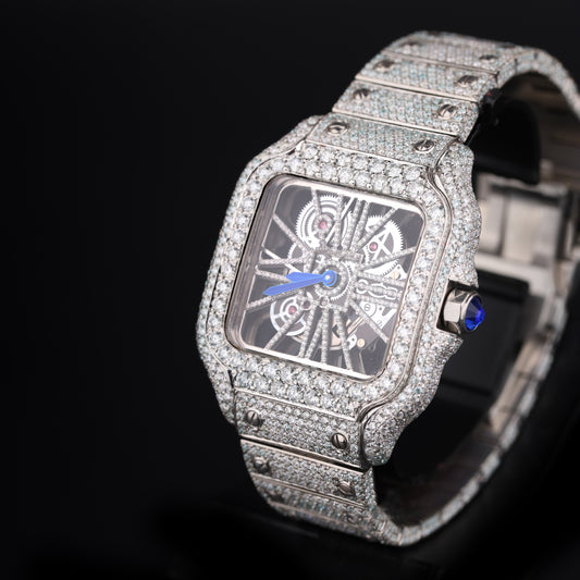 luxury moissanite watch with skeleton dial and fully iced bracelet design