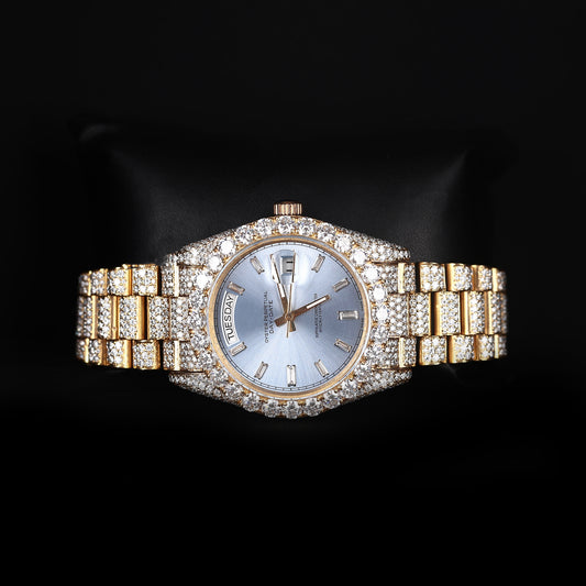 premium moissanite watch with blue day date dial and iced out bracelet design