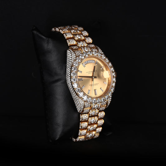 premium moissanite watch with gold day date dial and iced bracelet design