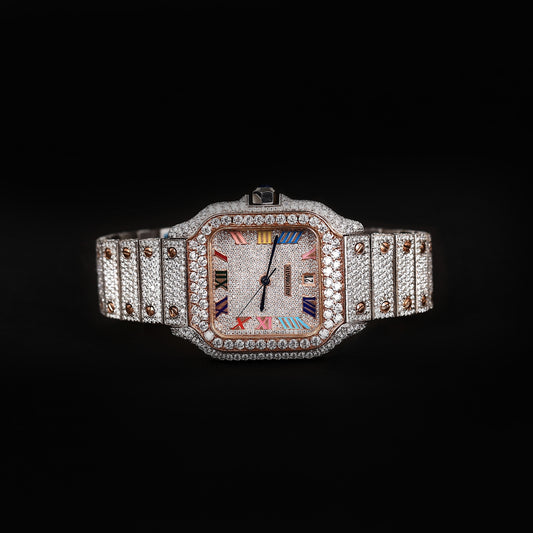 iced bezel wristwatch with unique roman dial and full diamond setting