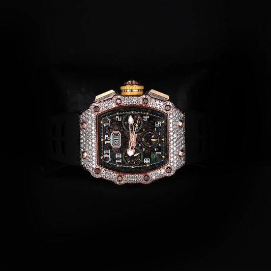 luxury moissanite watch with black strap and diamond bezel