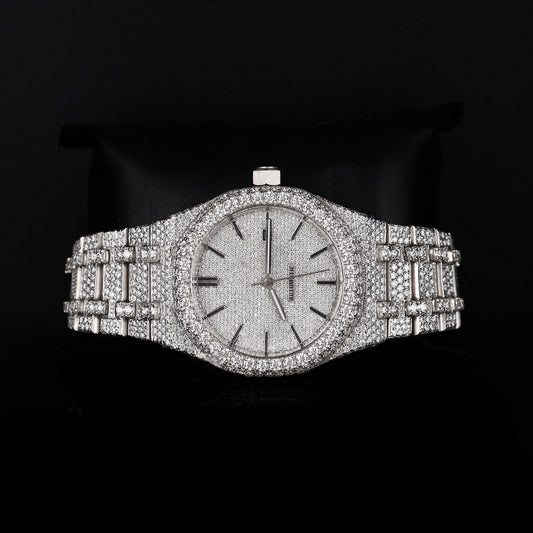 premium moissanite watch with round face and fully iced bracelet design