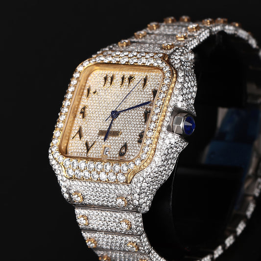 luxury moissanite watch with square face and white yellow two tone iced design