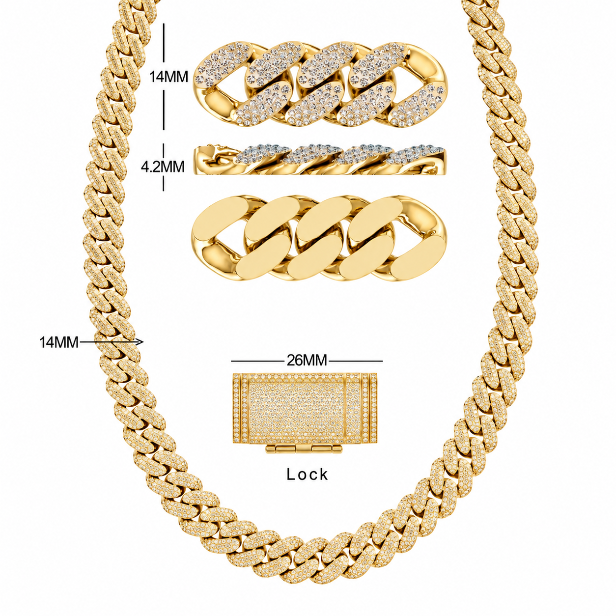 14mm Moissanite Diamond Fully Iced Three Row Cuban Link Chain
