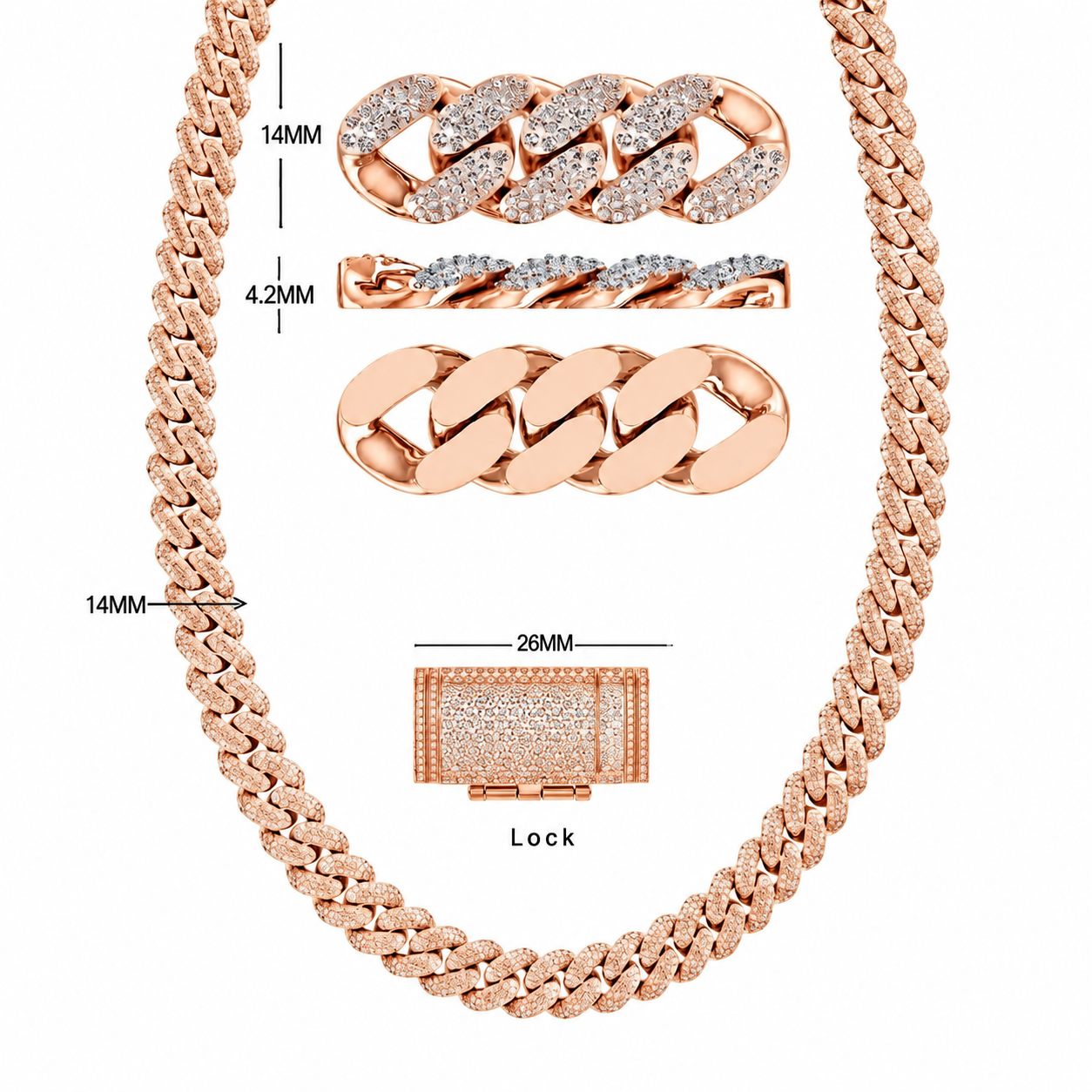 14mm Moissanite Diamond Fully Iced Three Row Cuban Link Chain