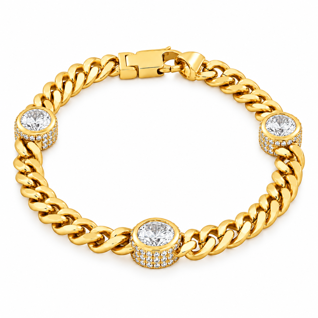 Moissanite Cuban Link Bracelet with Triple Bezel Diamond Stations
