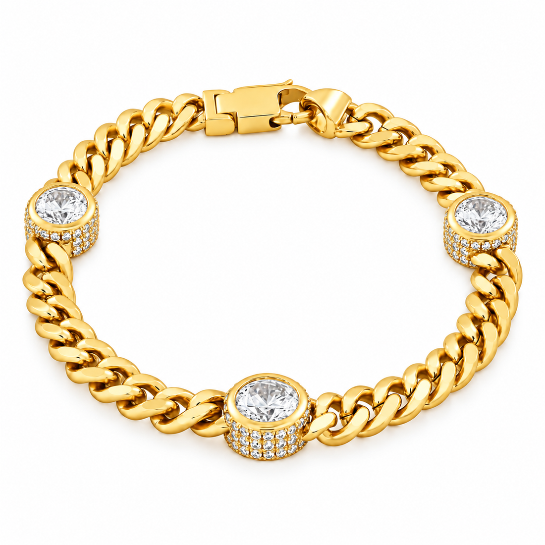 Moissanite Cuban Link Bracelet with Triple Bezel Diamond Stations