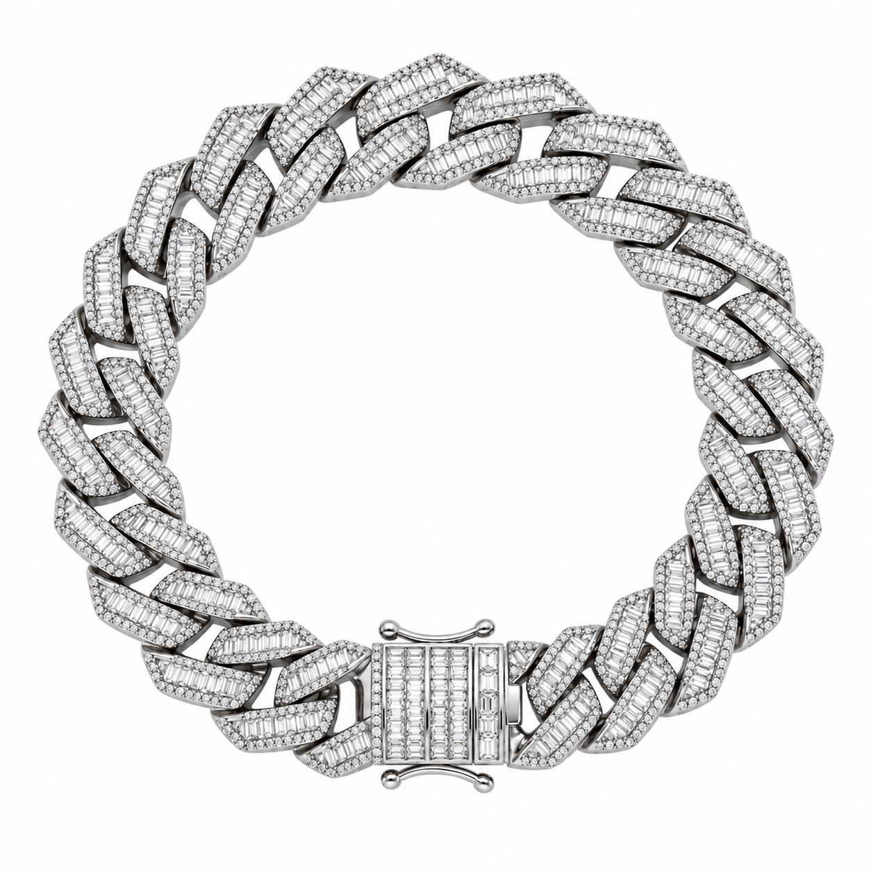 13mm Moissanite Baguette Diamond Cuban Link Bracelet with Pave Setting