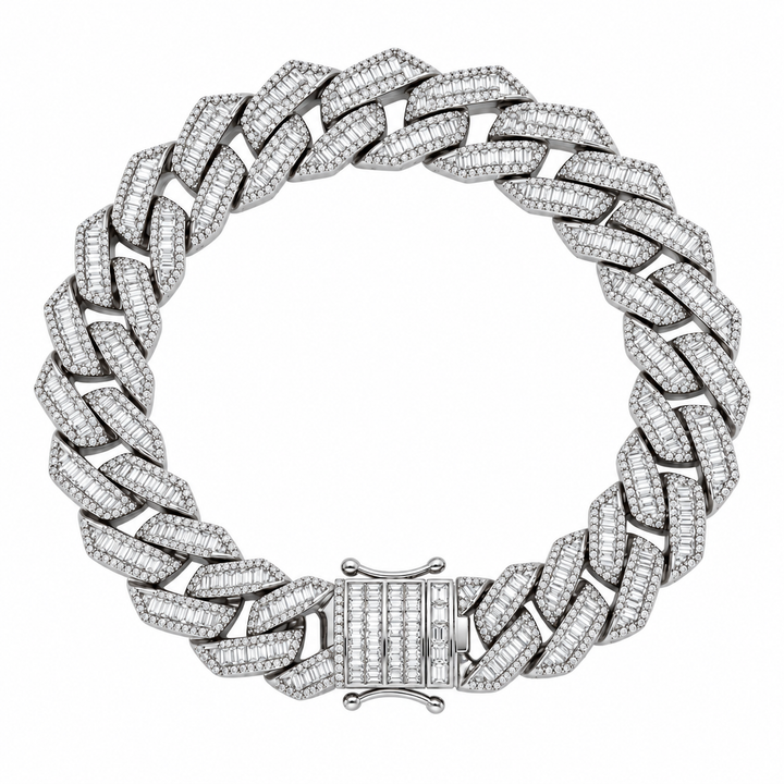 13mm Moissanite Baguette Diamond Cuban Link Bracelet with Pave Setting