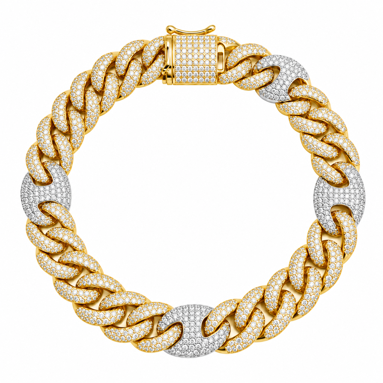 14mm Moissanite Pave Cuban Bracelet with Statement Links & Box Clasp