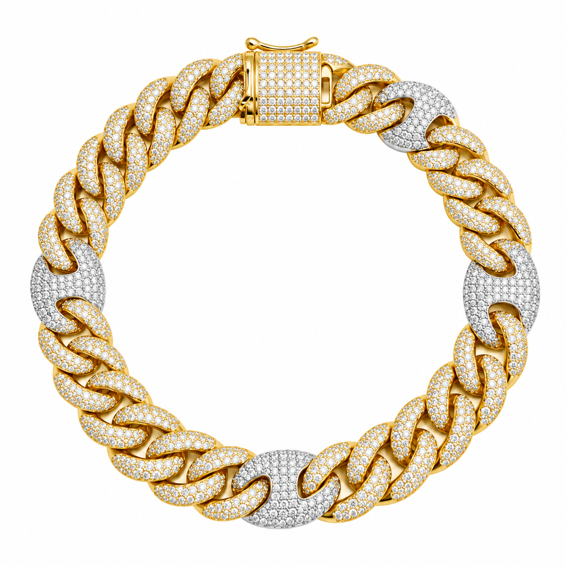 14mm Moissanite Pave Cuban Bracelet with Statement Links & Box Clasp