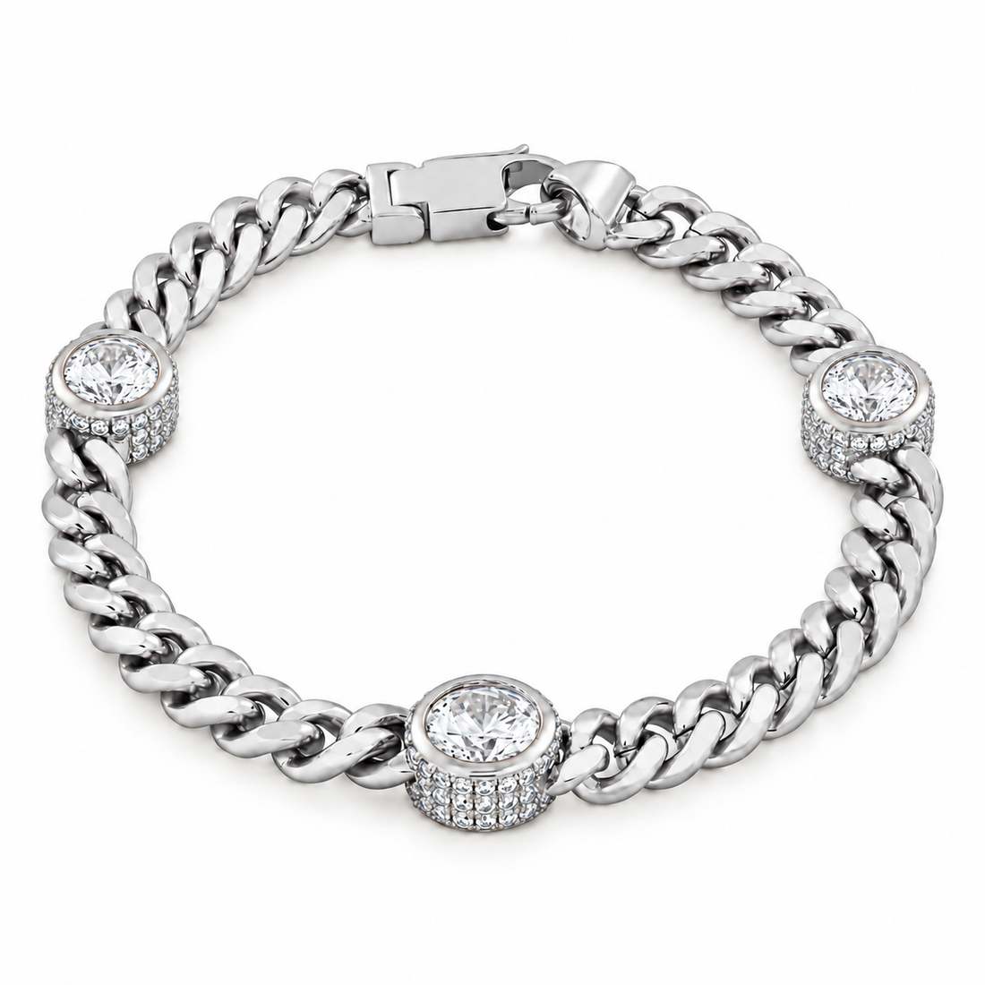 Moissanite Cuban Link Bracelet with Triple Bezel Diamond Stations
