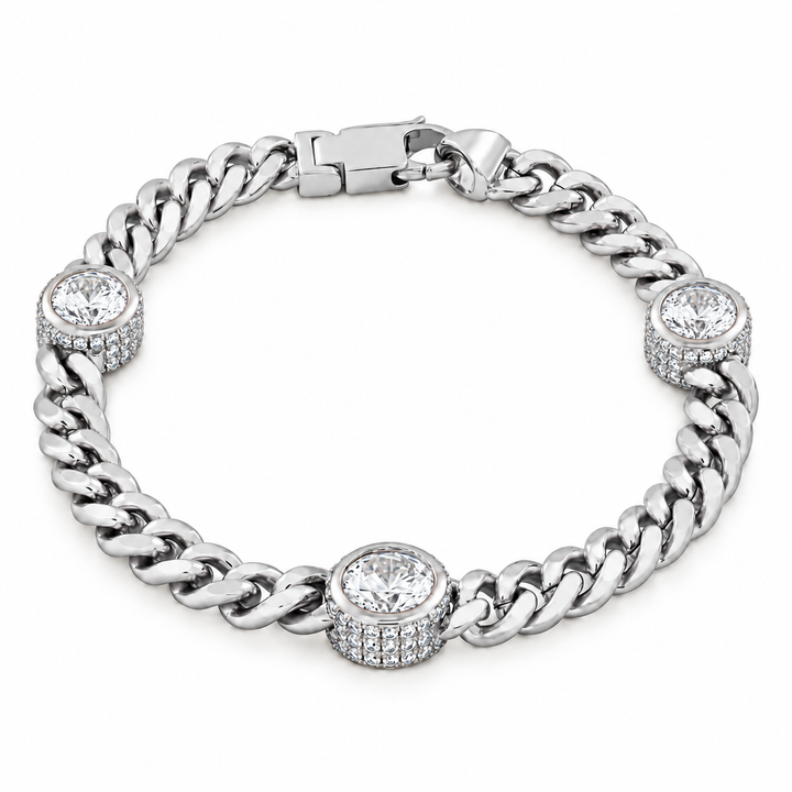 Moissanite Cuban Link Bracelet with Triple Bezel Diamond Stations