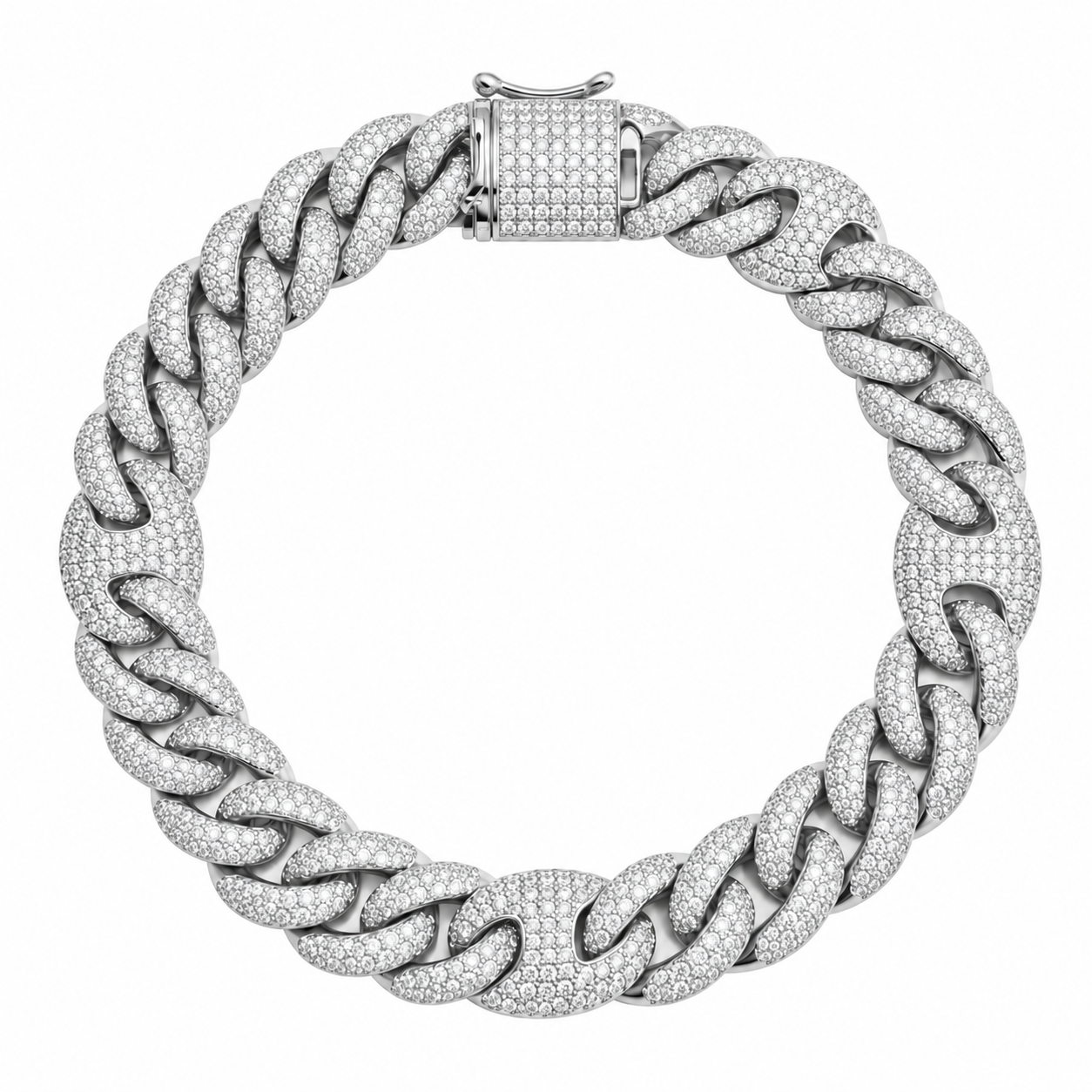 14mm Moissanite Pave Cuban Bracelet with Statement Links & Box Clasp