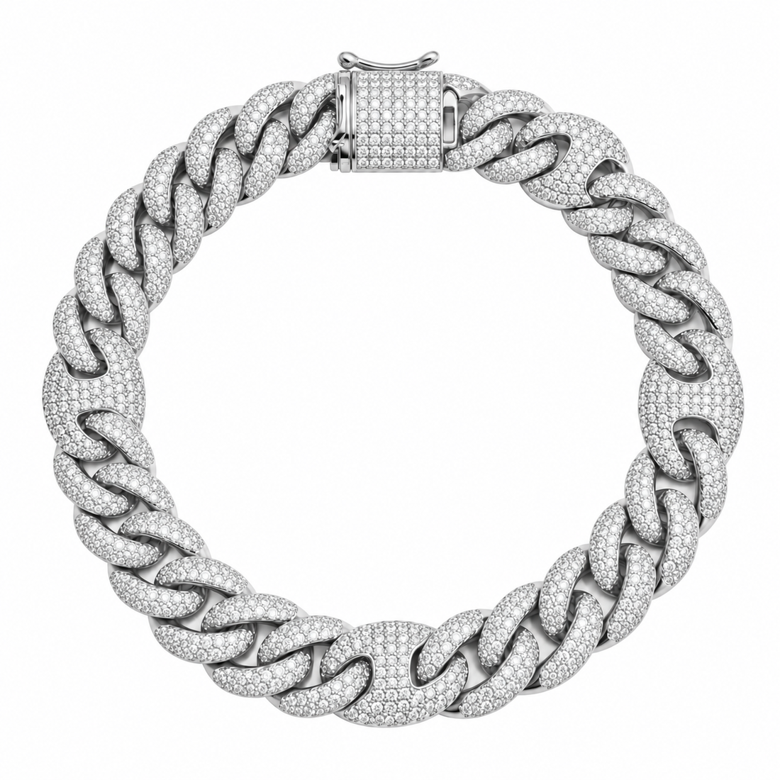 14mm Moissanite Pave Cuban Bracelet with Statement Links & Box Clasp