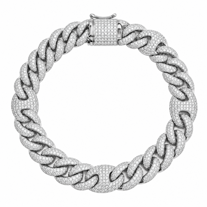 14mm Moissanite Pave Cuban Bracelet with Statement Links & Box Clasp