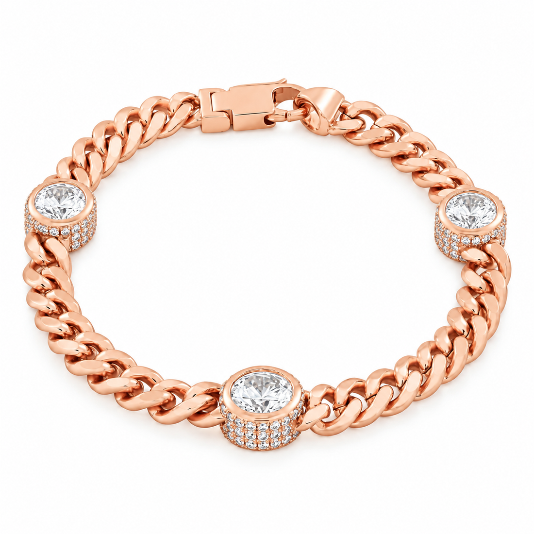 Moissanite Cuban Link Bracelet with Triple Bezel Diamond Stations