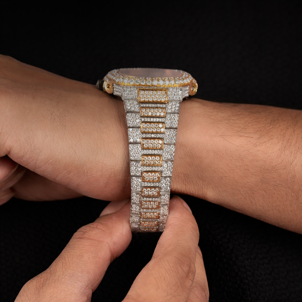 automatic iced out watch with round dial and detailed bracelet lifestyle shot
