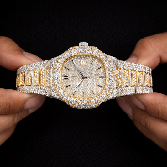 premium moissanite watch with white yellow finish shown in hand close up