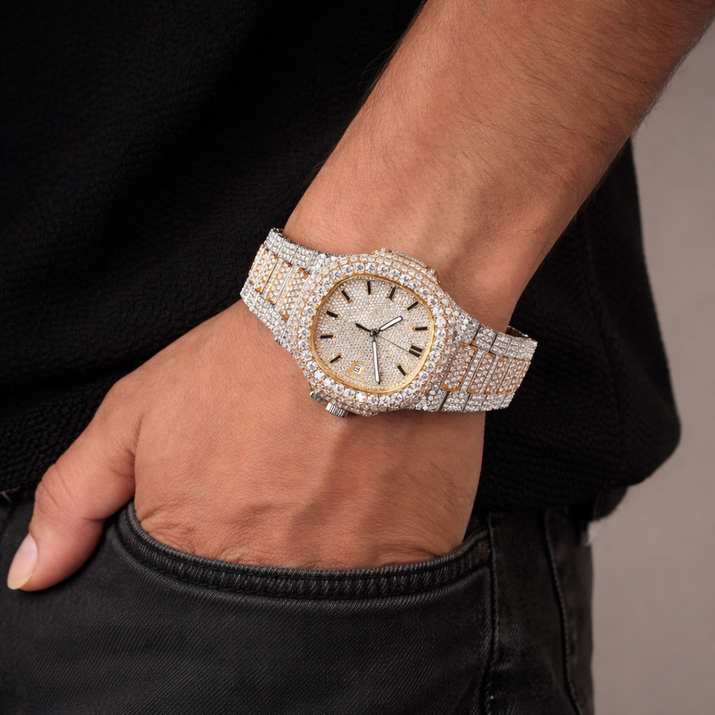 white and yellow wristwatch with full iced design and premium finish close view