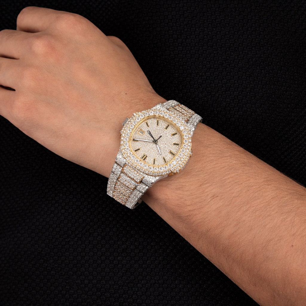 mens iced out watch with diamond style stones and strong luxury shine in hand