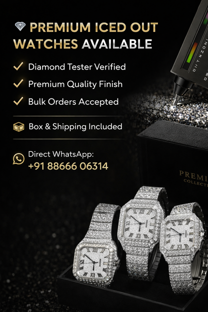 premium iced out watch with diamond tester verification and luxury moissanite finish on black background