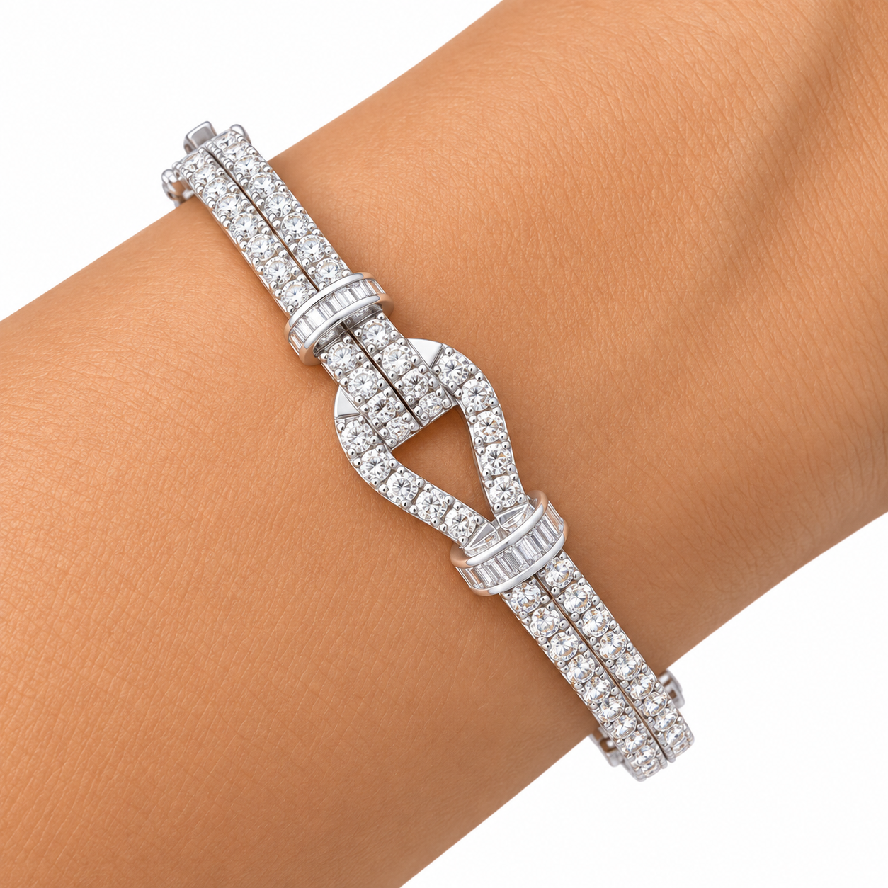 Pave Moissanite Double Row Knot Bangle Bracelet