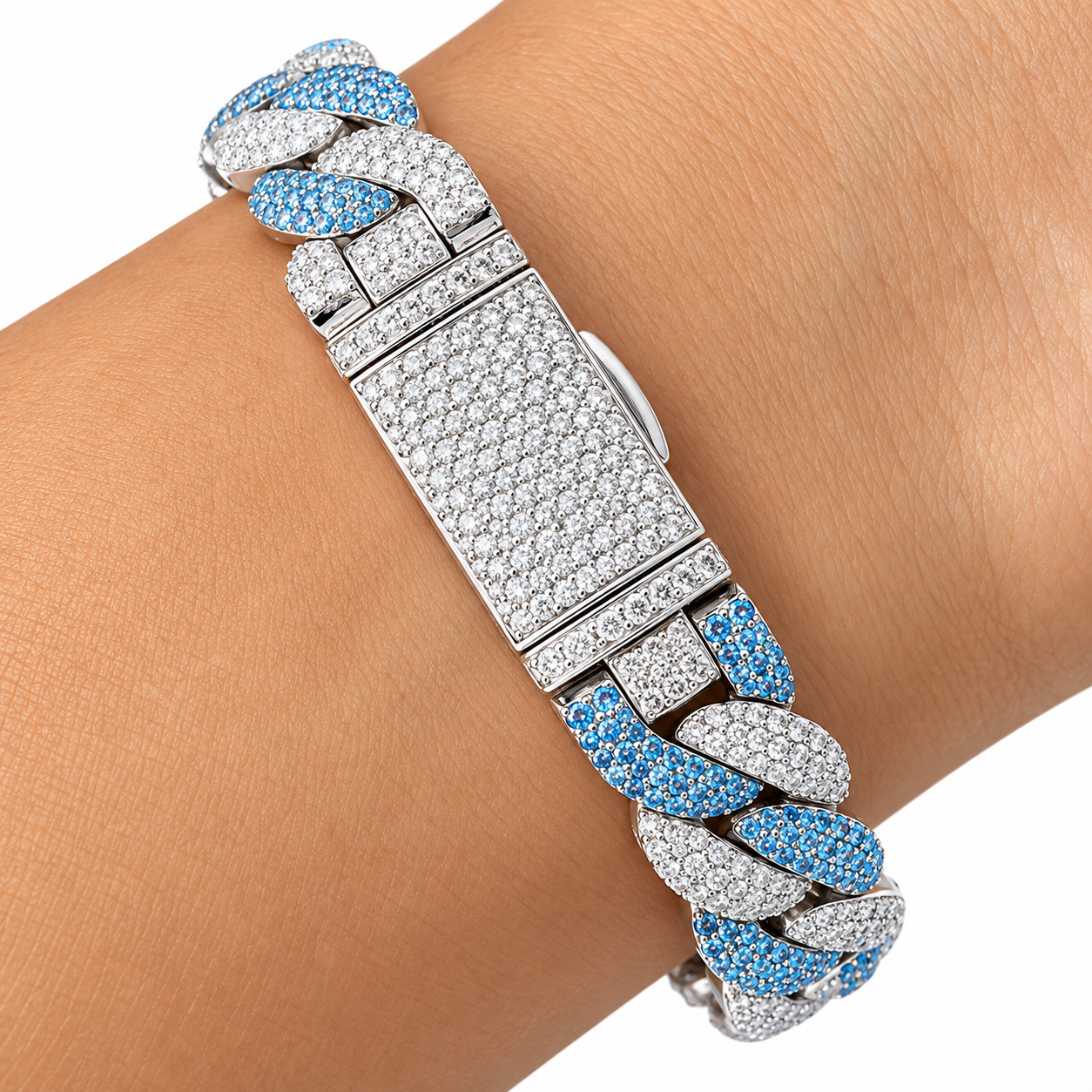 Moissanite Interlocking Blue Diamond Cuban Link Bracelet