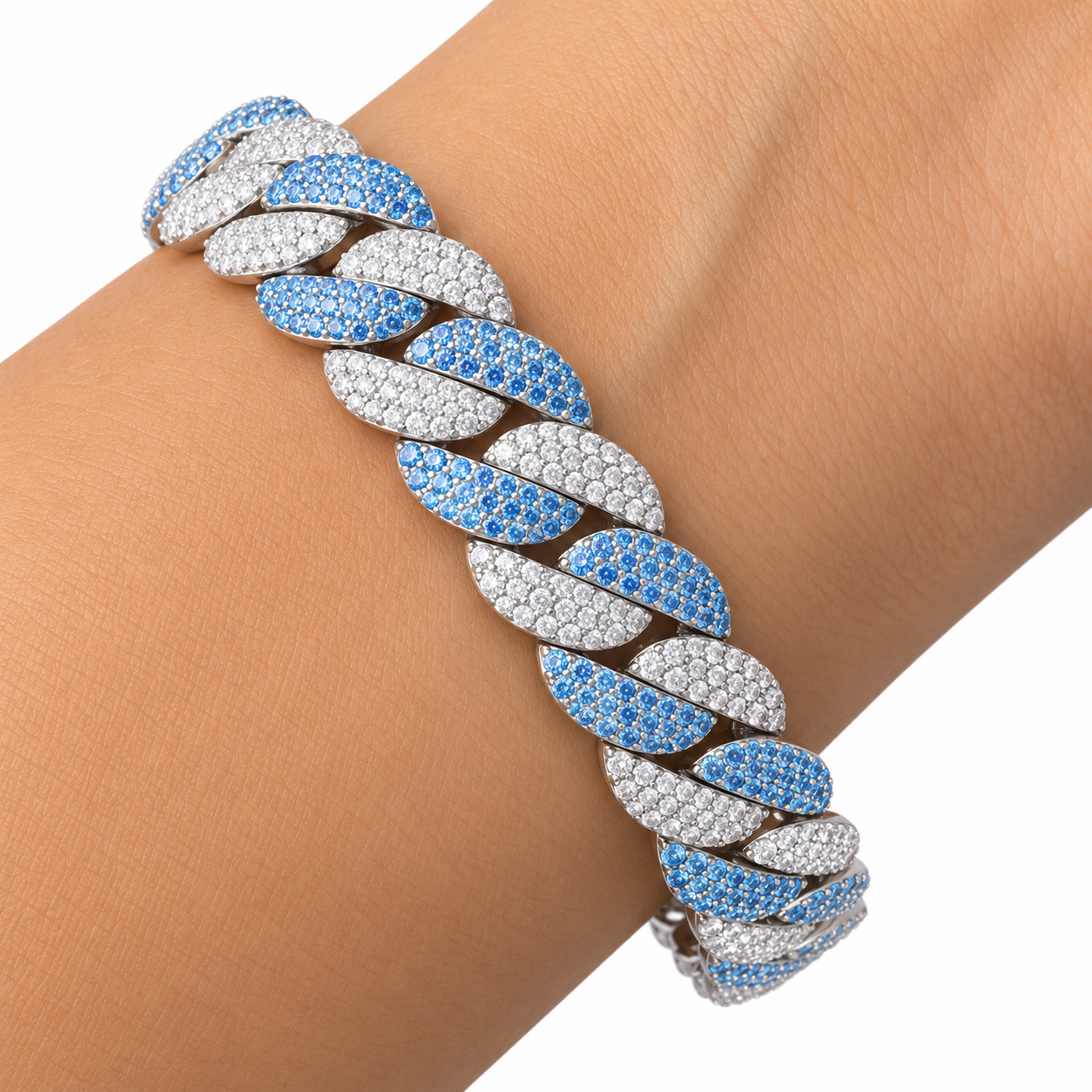 Moissanite Interlocking Blue Diamond Cuban Link Bracelet