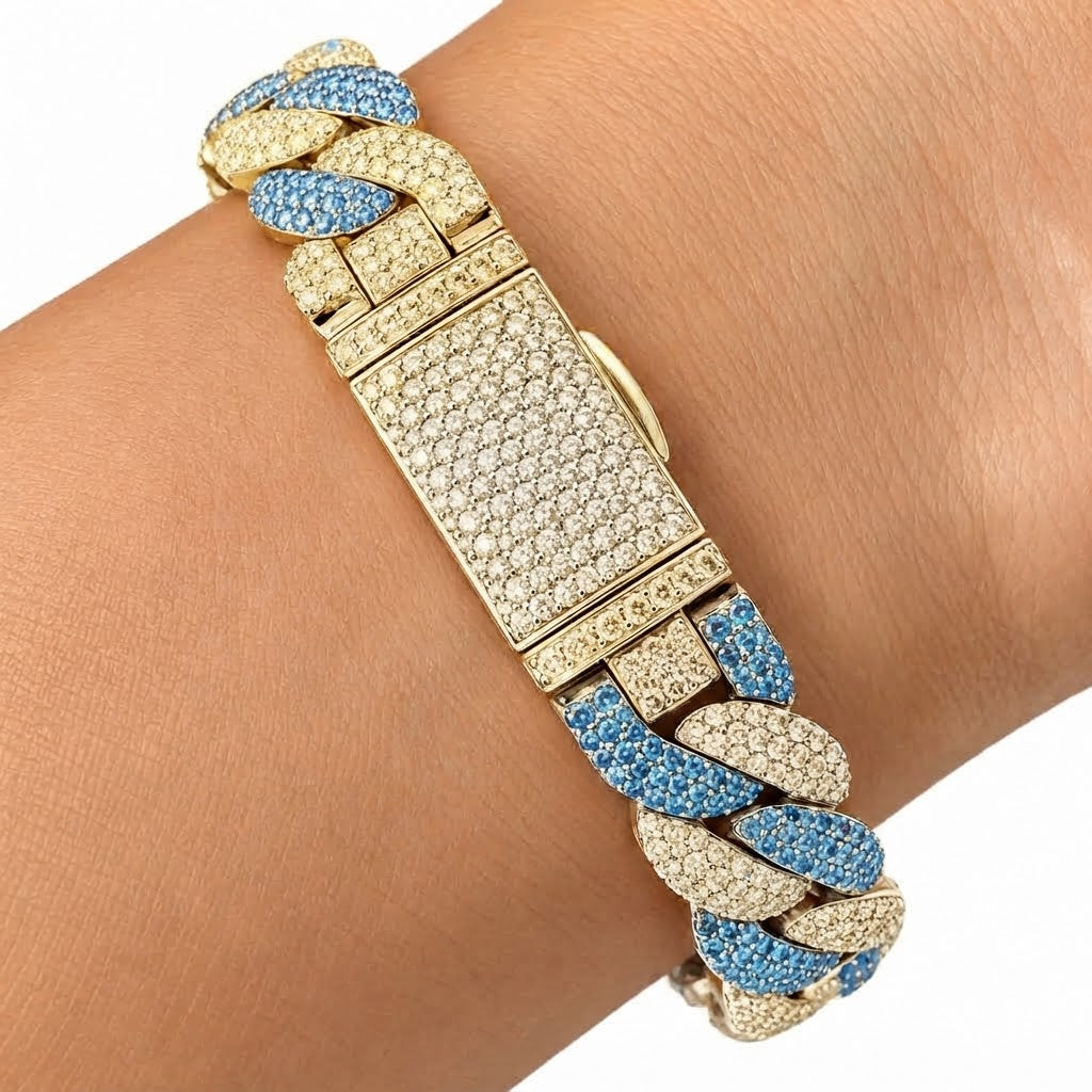Moissanite Interlocking Blue Diamond Cuban Link Bracelet