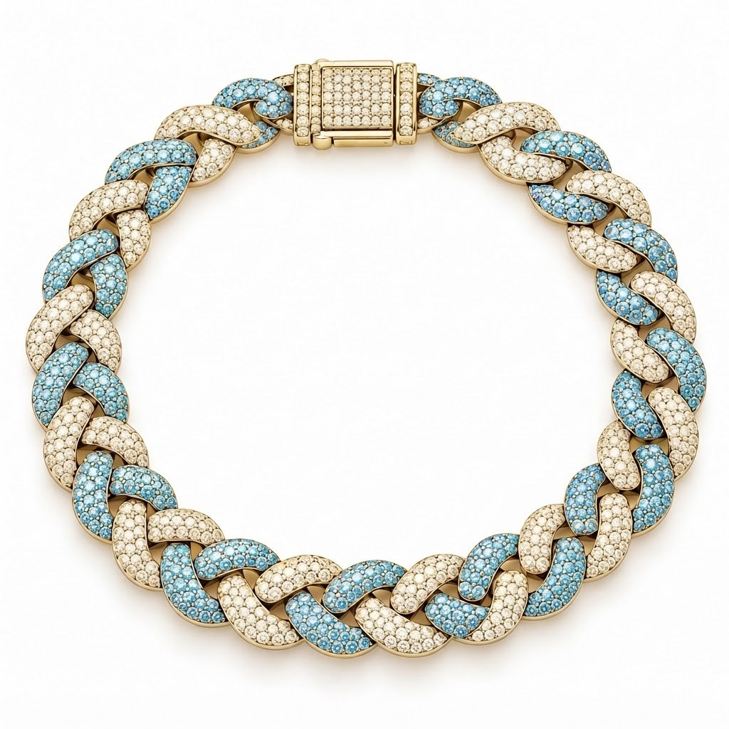 Moissanite Interlocking Blue Diamond Cuban Link Bracelet