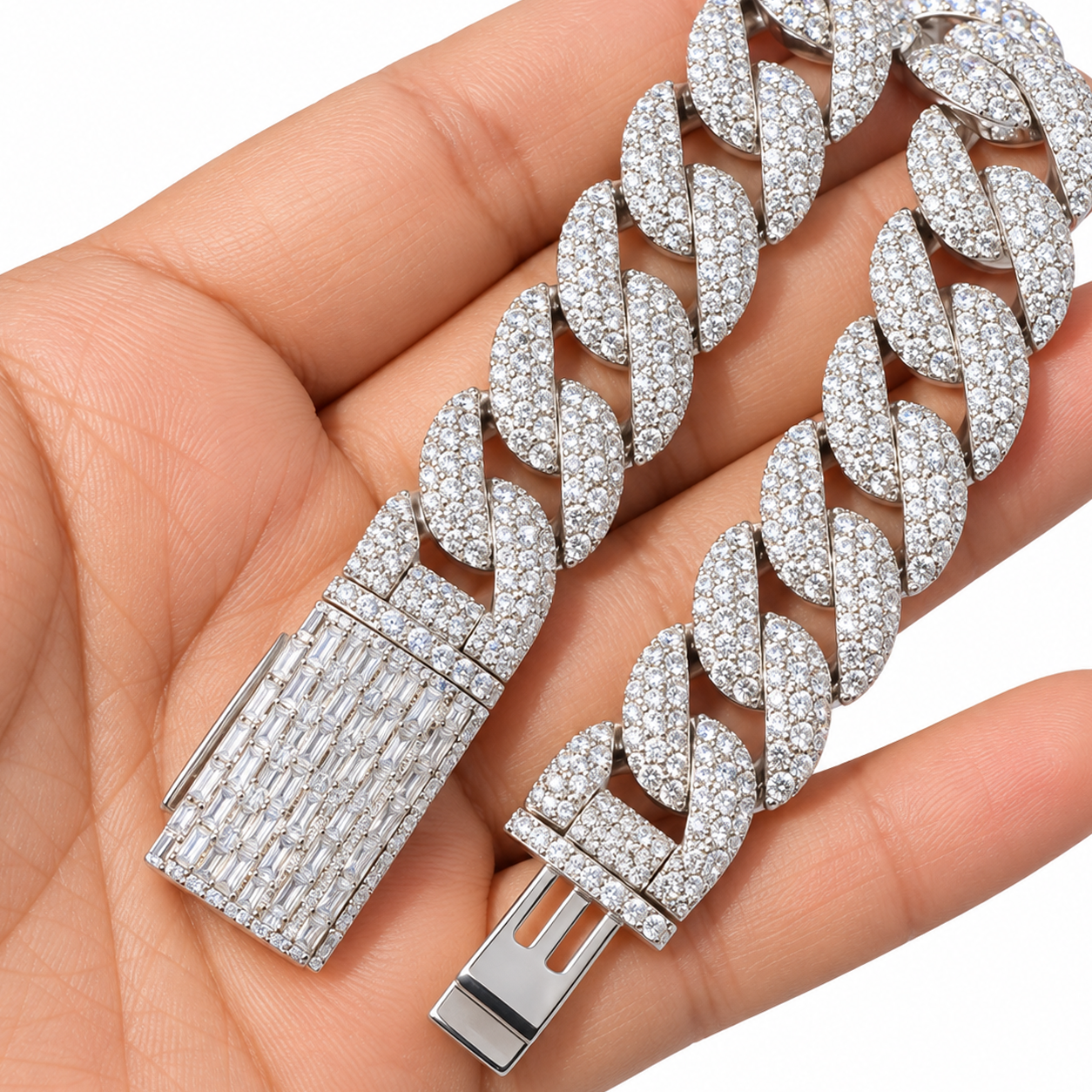 Pave Moissanite Cuban Link Bracelet with Baguette Lock