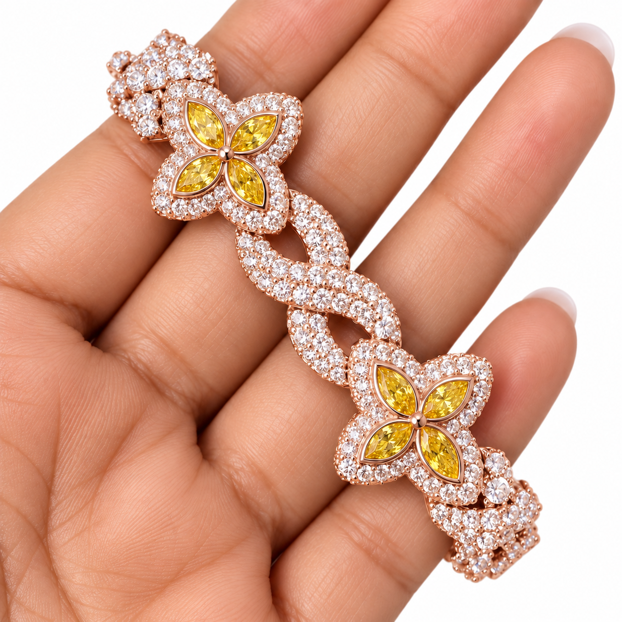 Moissanite Yellow Pear Diamond Clover Infinity Link Bracelet