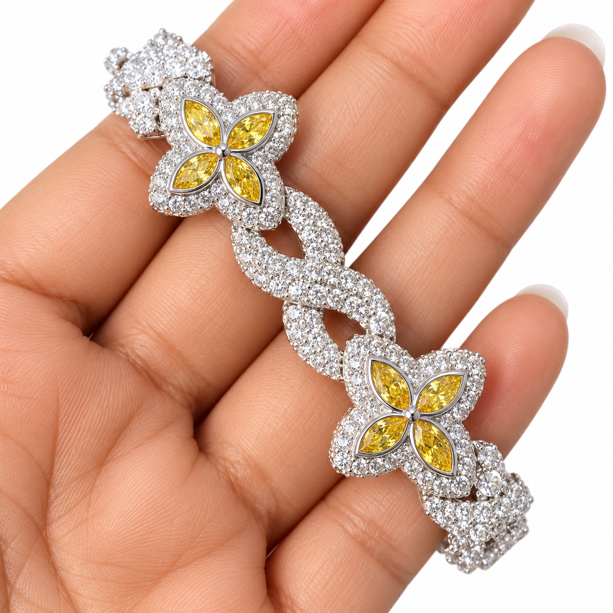Moissanite Yellow Pear Diamond Clover Infinity Link Bracelet
