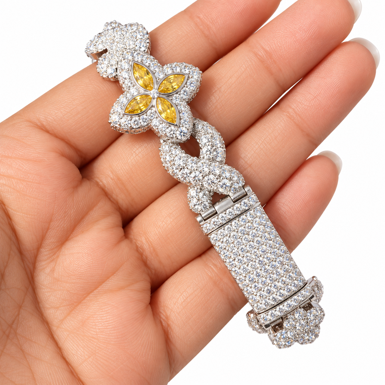 Moissanite Yellow Pear Diamond Clover Infinity Link Bracelet
