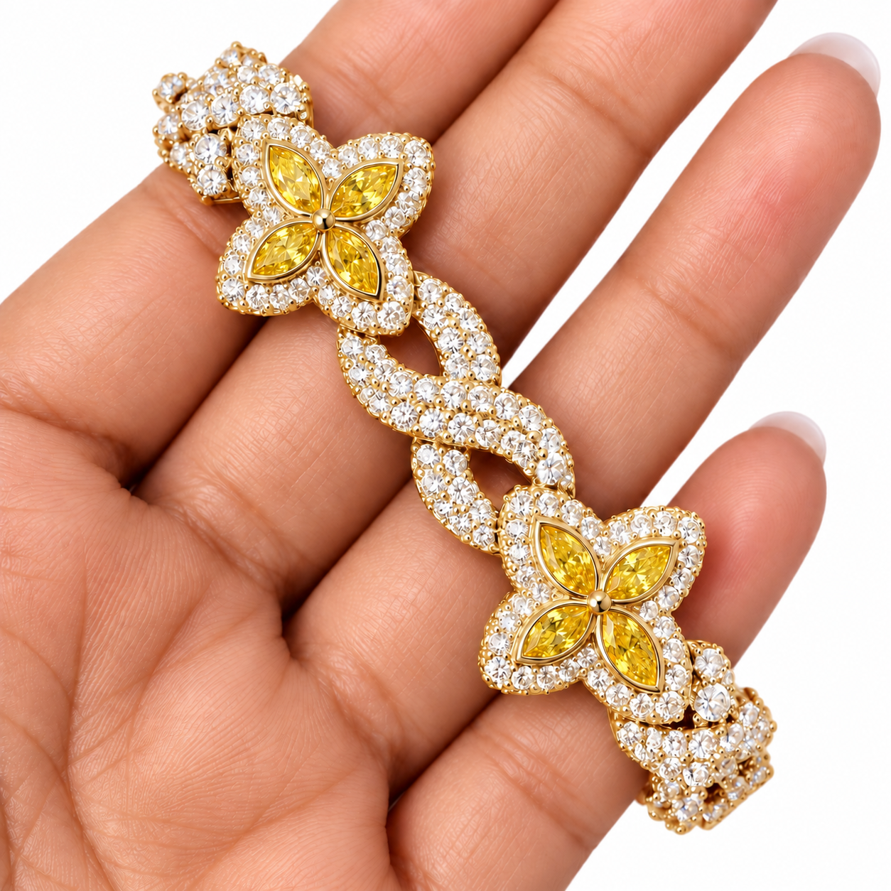 Moissanite Yellow Pear Diamond Clover Infinity Link Bracelet