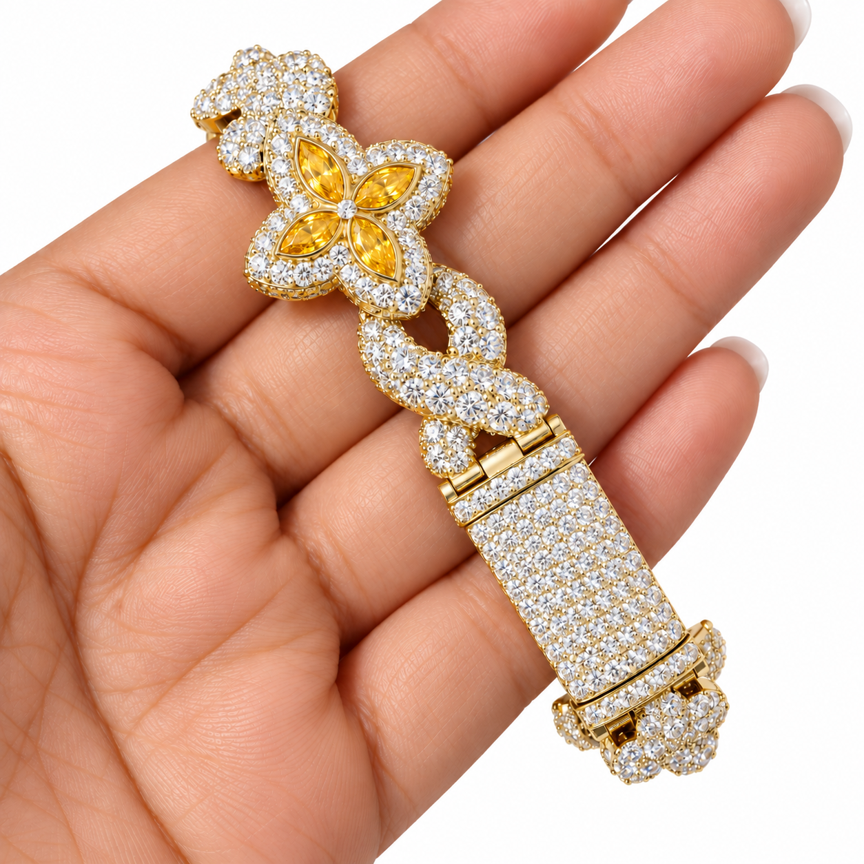 Moissanite Yellow Pear Diamond Clover Infinity Link Bracelet