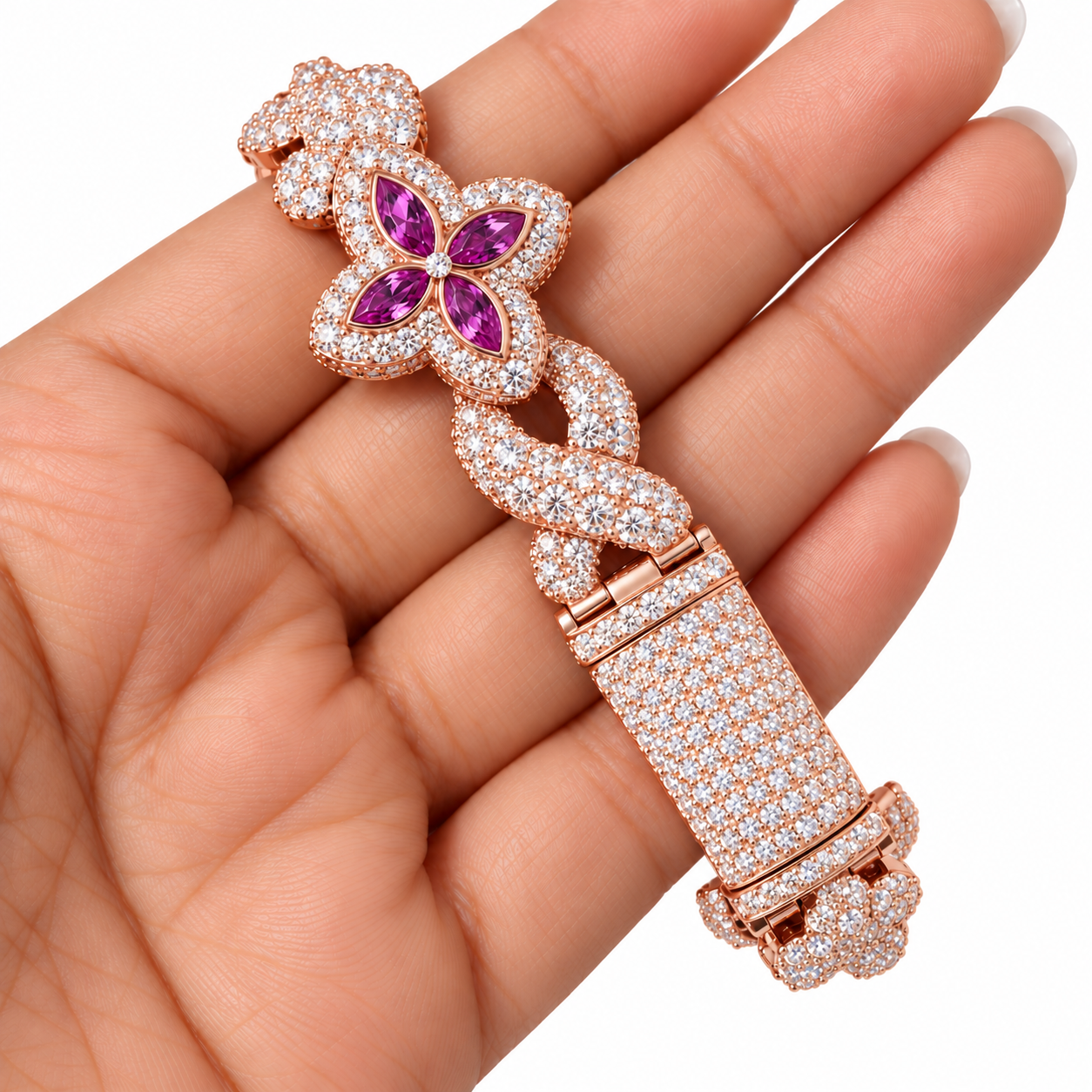 Moissanite Purple Pear Diamond Clover Infinity Link Bracelet