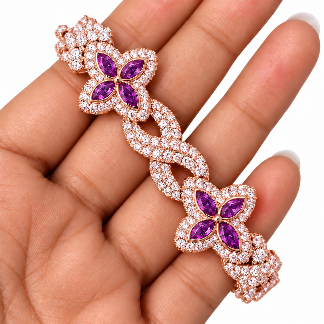 Moissanite Purple Pear Diamond Clover Infinity Link Bracelet