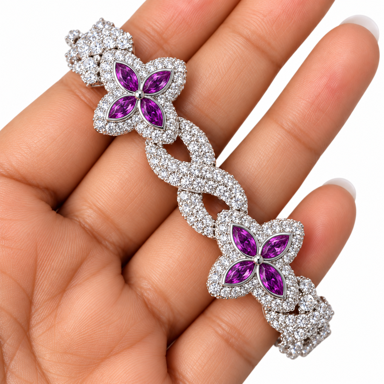 Moissanite Purple Pear Diamond Clover Infinity Link Bracelet
