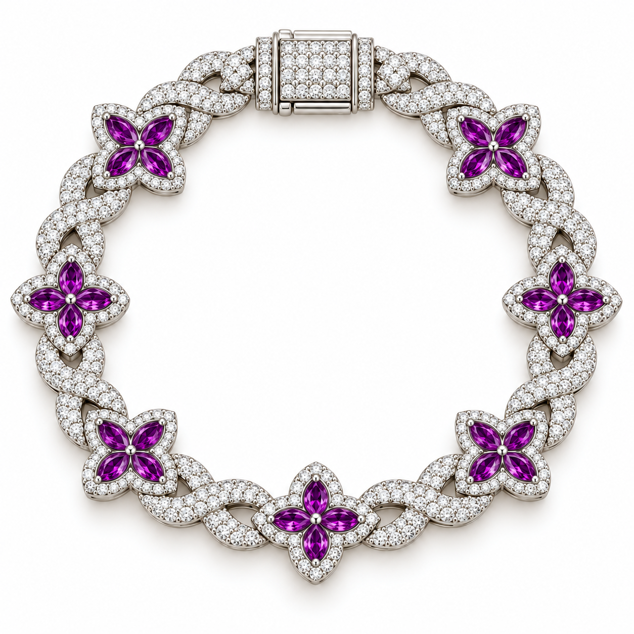Moissanite Purple Pear Diamond Clover Infinity Link Bracelet